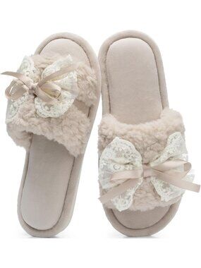 Women's Sandy Open Toe Memory Foam Slippers With Lace Bow Non-Slip Fuzzy Shoes